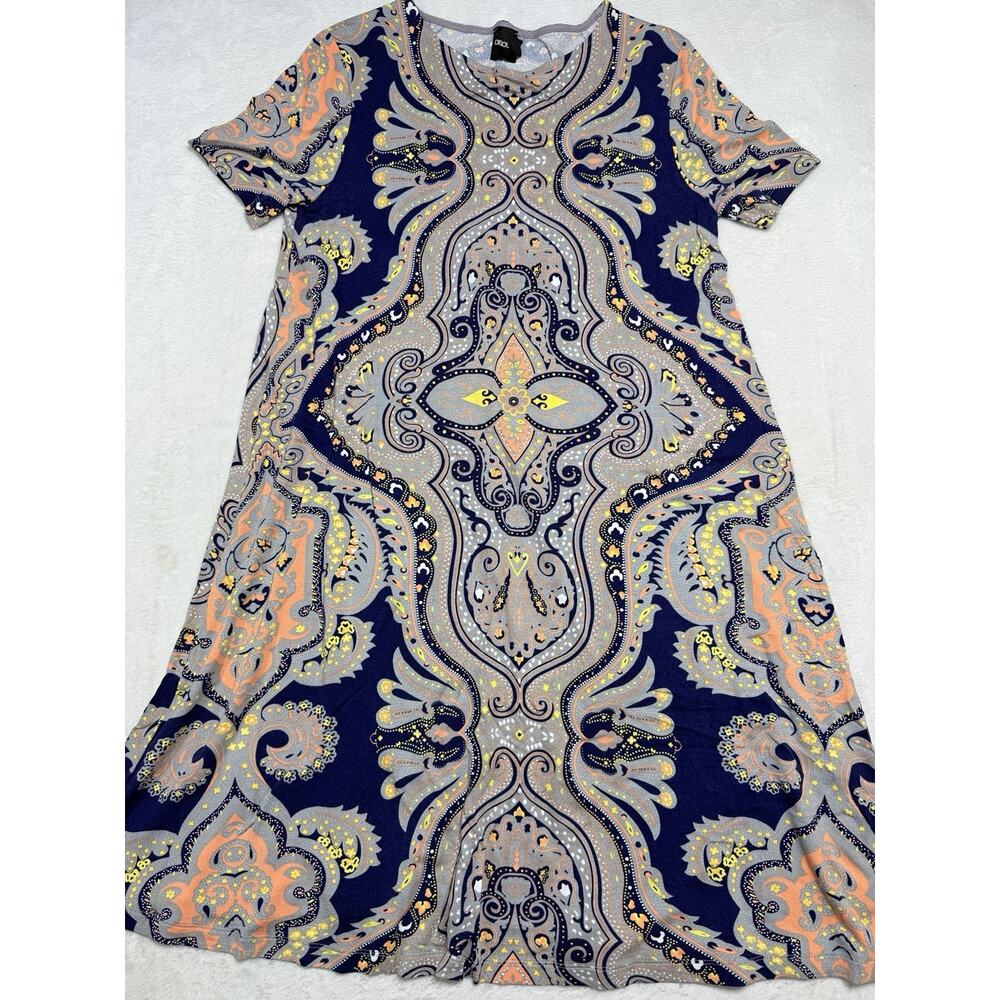 ASOS Paisley Print T-Shirt Dress Sz 8 Navy Blue Multi Stretch Mini Boho Summer